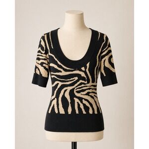 Cache Sweater Size Large Women Gold Metallic Zebra Print Scoop Neck Knit Sweater